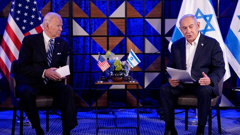Israeli Prime Minister Benjamin Netanyahu speaks as he meets with...