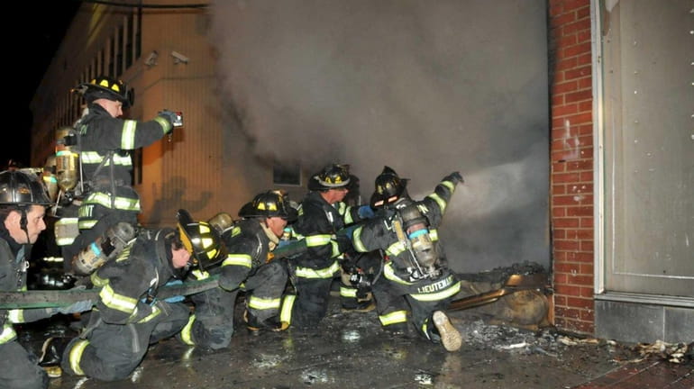 Levittown firefighters battled this blaze early this morning in the...