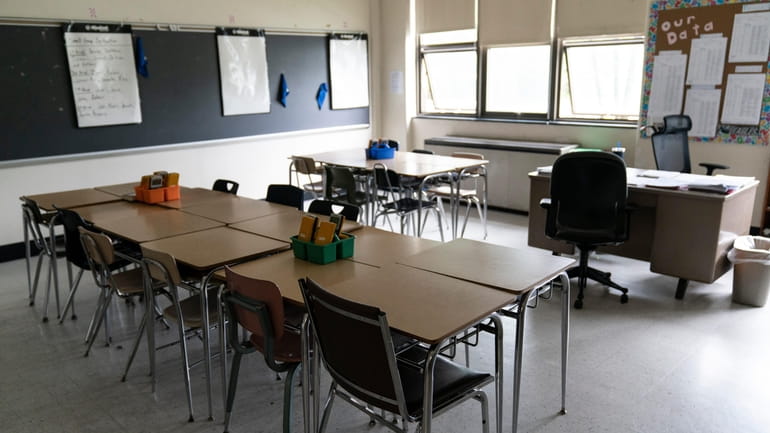 Desks fill a classroom in a high school in Pennsylvania...