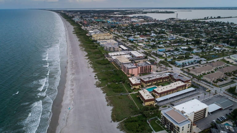 A drone's-eye view of the shoreline at Cocoa Beach, Florida, on...