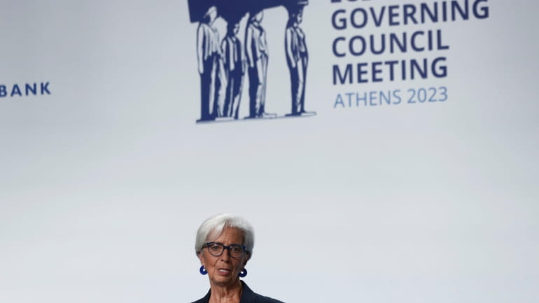 ECB President Christine Lagarde speaks during a press conference at...
