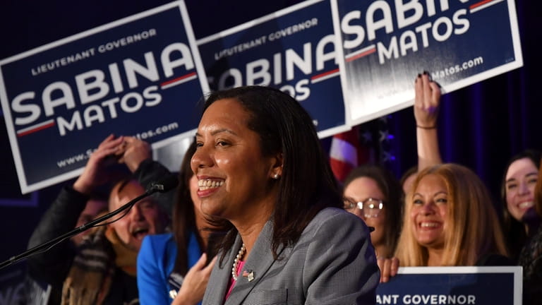 Lt. Gov. Sabina Matos gives her victory speech during an...