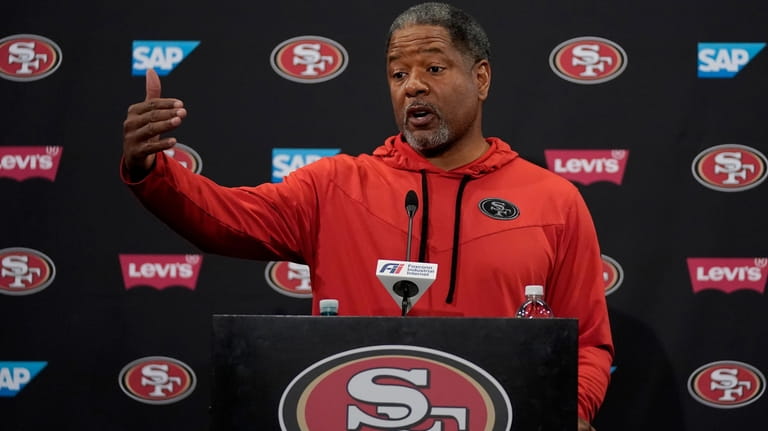 San Francisco 49ers defensive coordinator Steve Wilks speaks to reporters...