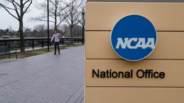 NCAA signage outside the headquarters in Indianapolis, Thursday, March 12,...