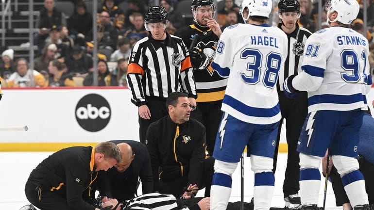 The medical staff tends to referee Steve Kozari after he...