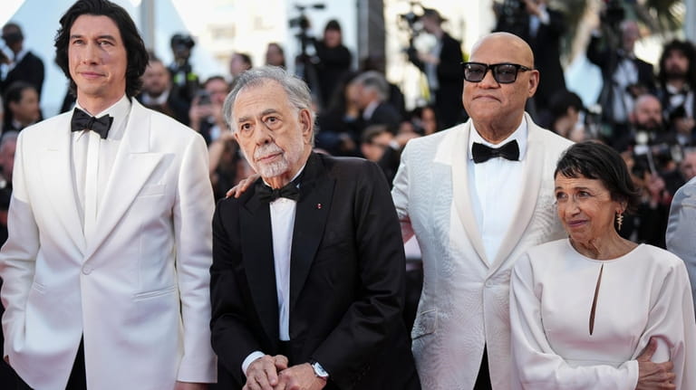 Adam Driver, from left, director Francis Ford Coppola, Laurence Fishburne...