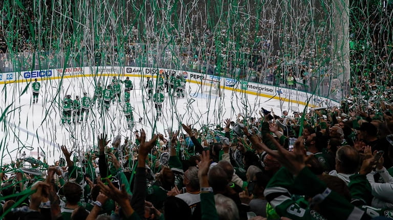 Streamers drop after the Dallas Stars defeated the Vegas Golden...
