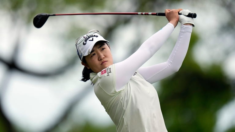 Rose Zhang hits off the 10th tee during the first...