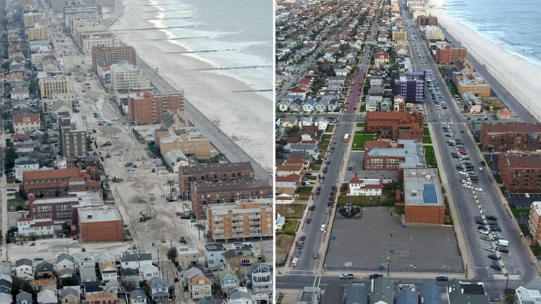 Left: An aerial view of Long Beach, facing east between...