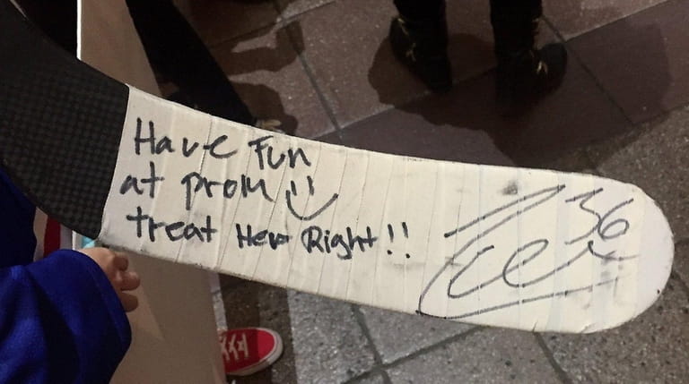 Mats' Zuccarello's autographed stick reads, "Have fun at prom =)...