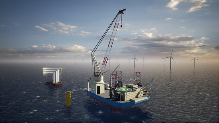 An illustration of a wind-installation vessel. Equinor, a Norwegian power...