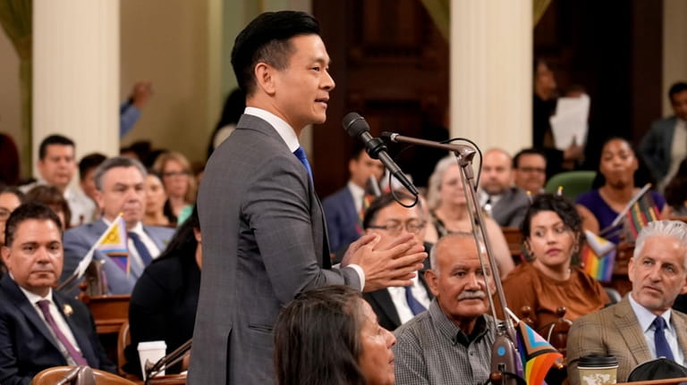Democratic Assemblyman Evan Low, makes a statement during the California...