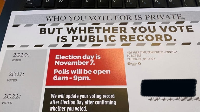 A photograph of a voter mailer from the New York...