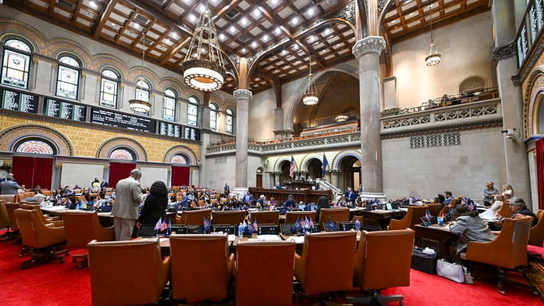 The New York State Assembly Chamber is seen at the...