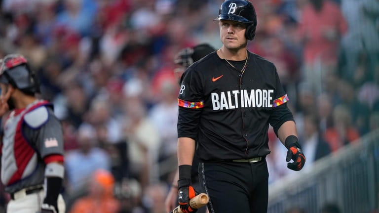 Baltimore Orioles first base Ryan Mountcastle heads back to the...