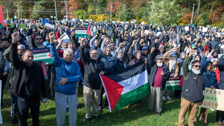 Demontrators at a pro-Palestinian rally Sunday outside Suffolk County's H....