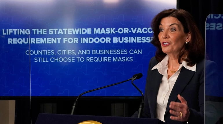 Gov. Kathy Hochul announces the lifting of the indoor mask mandate for businesses. 