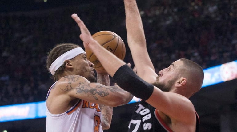 Knicks' Michael Beasley, who scored a game-high 21 points, looks...