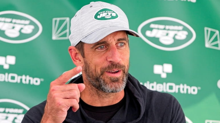 Aaron Rodgers at Jets camp in Florham Park, N.J., on...