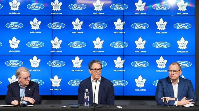 New Maple Leafs Sports & Entertainment president Keith Pelley, left,...