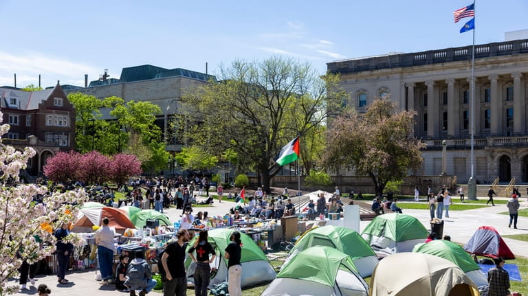 Pro-Palestinian demonstrators continue their encampment at Library Mall on the...