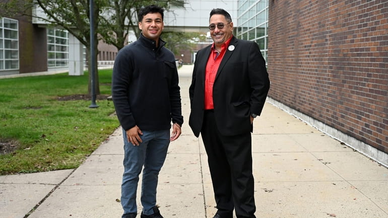 Ezequiel Claros, left, a first-generation college student, with his mentor, Nassau...