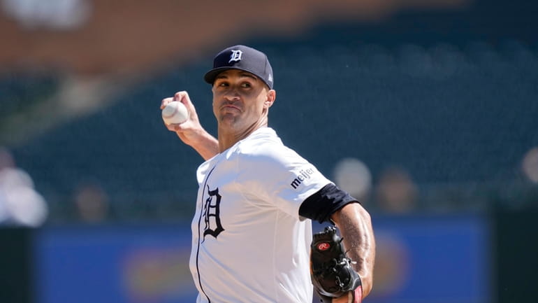 Detroit Tigers starting pitcher Jack Flaherty throws during the first...