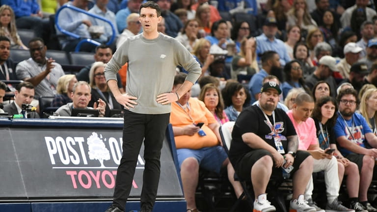 Oklahoma City Thunder head coach Mark Daigneault gives instructions to...
