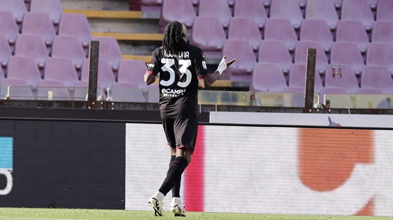 Salernitana's Loum Tchaouna celebrates after scoring the opening goal during...