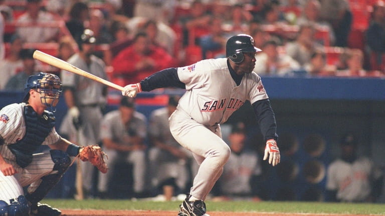 Tony Gwynn singles in the Padres' first run during a...