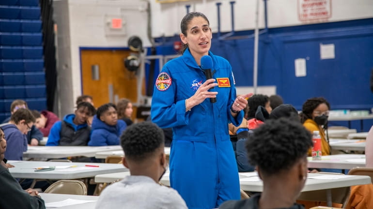 NASA astronaut Jasmin Moghbeli speaks to Baldwin High School students in...