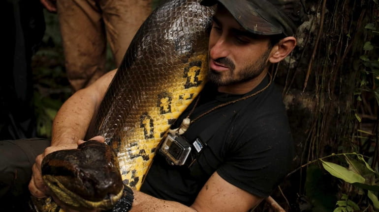 Paul Rosolie with snake in Discovery Channel's "Eaten Alive."