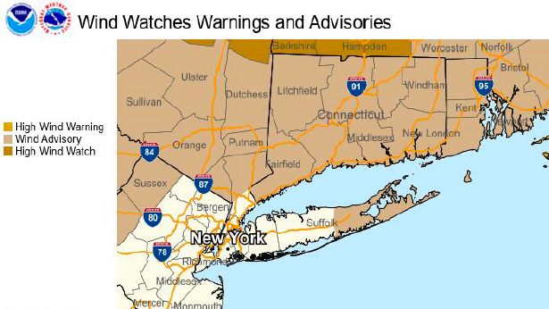 A wind advisory will be in effect for eastern Suffolk...