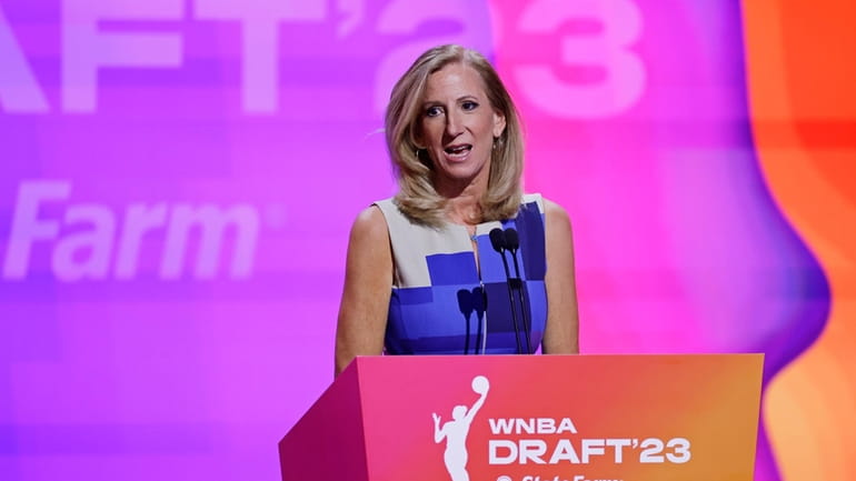 Commissioner Cathy Engelbert speaks at the WNBA basketball draft Monday,...