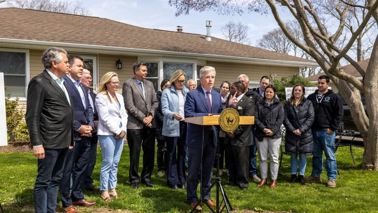 Suffolk County Executive Steve Bellone at a news conference on...