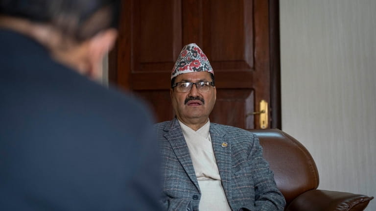 Nepal's Foreign Minister Narayan Prakash Saud speaks to the Associated...