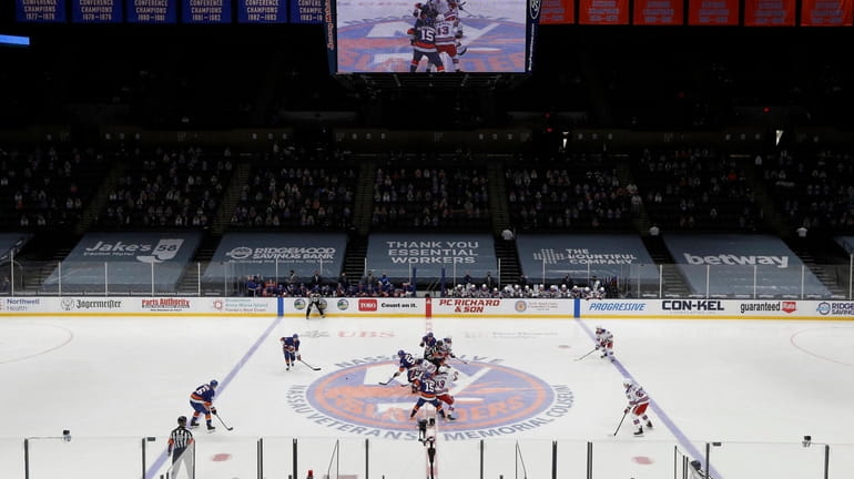 A view of the opening face off of a game...
