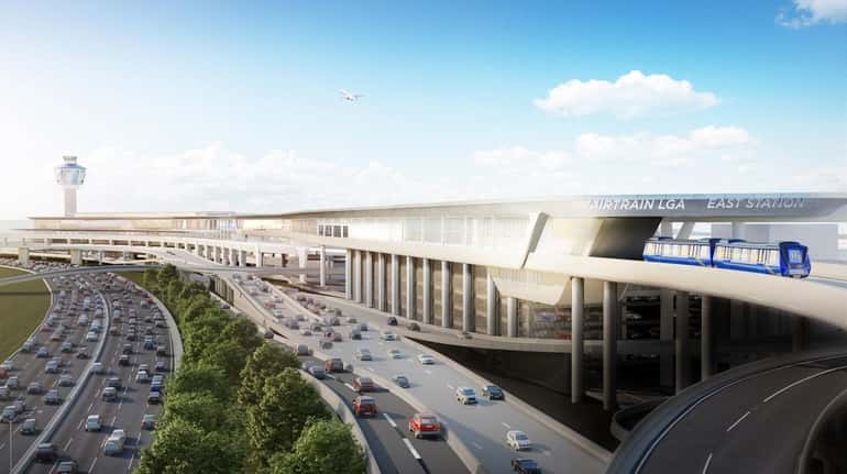 Rendering of the proposed AirTrain LGA system, a $1.5 billion rail link...