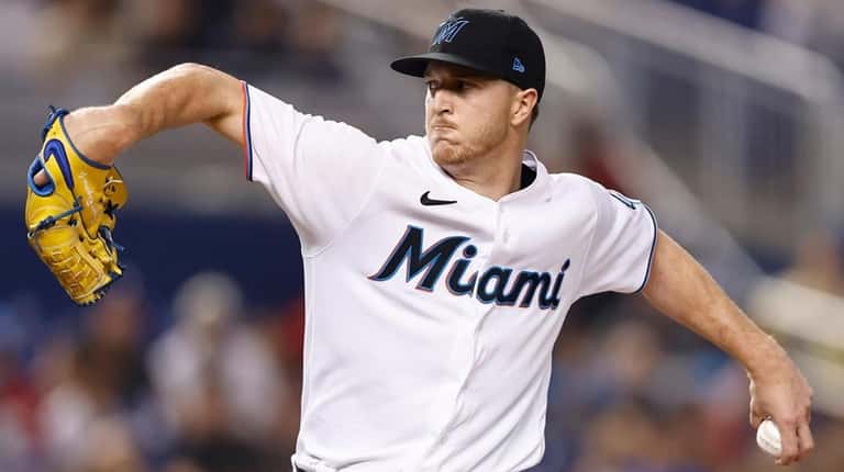 Trevor Rogers of the Marlins delivers a pitch during the...