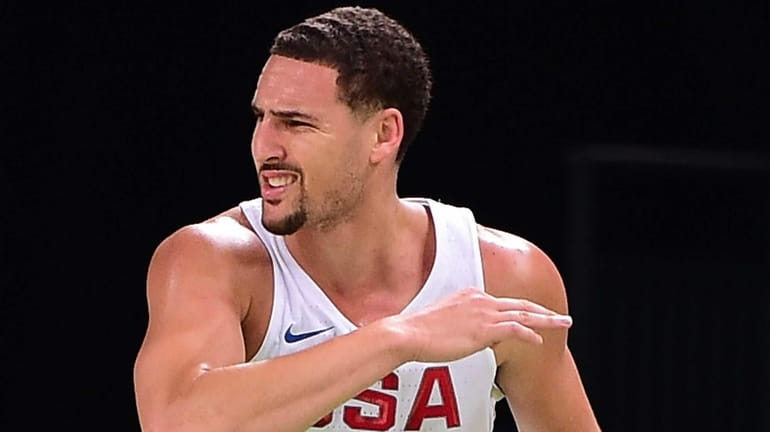 Klay Thompson #11 of United States reacts during a Men's...