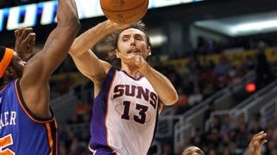 Phoenix Suns' Steve Nash (13) gets a pass off as...