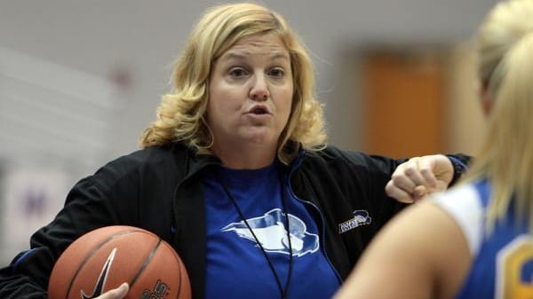 Hofstra University Women's Basketball coach, Krists Kilburn Stevesky, at team...