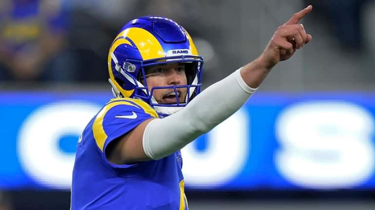 Rams quarterback Matthew Stafford gestures during the second half of an...