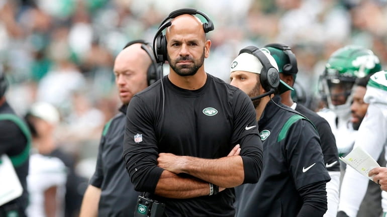 Head coach Robert Saleh of the Jets looks on against the...