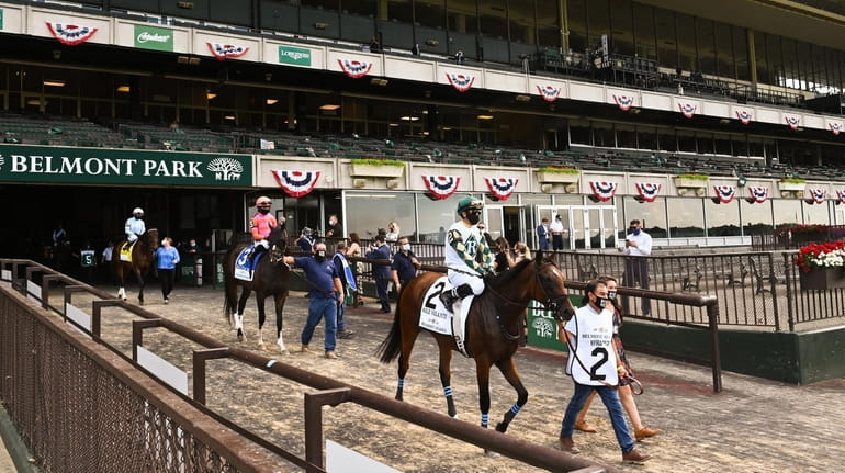 Horses participating in the 152nd running of the Belmont Stakes...