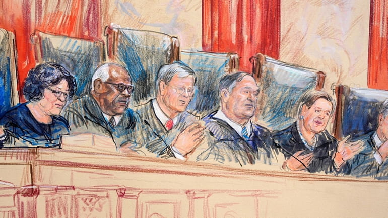 This artist sketch depicts, from left, Associate Justice Sonia Sotomayor,...