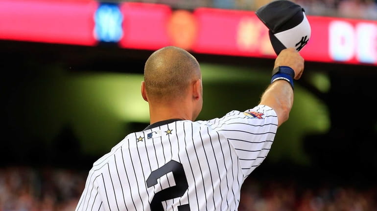 American League All-Star Derek Jeter of the Yankees acknowledges the...