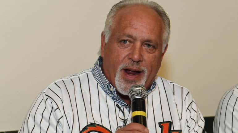 Long Island Ducks manager Wally Backman speaks to fans at...