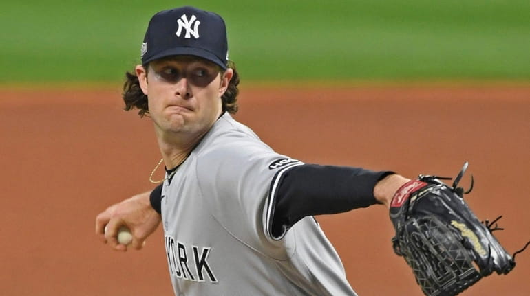 Yankees starting pitcher Gerrit Cole (45) in the first inning...