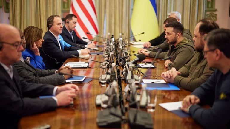 Ukrainian President Volodymyr Zelenskyy, third from right, and House Speaker Nancy...